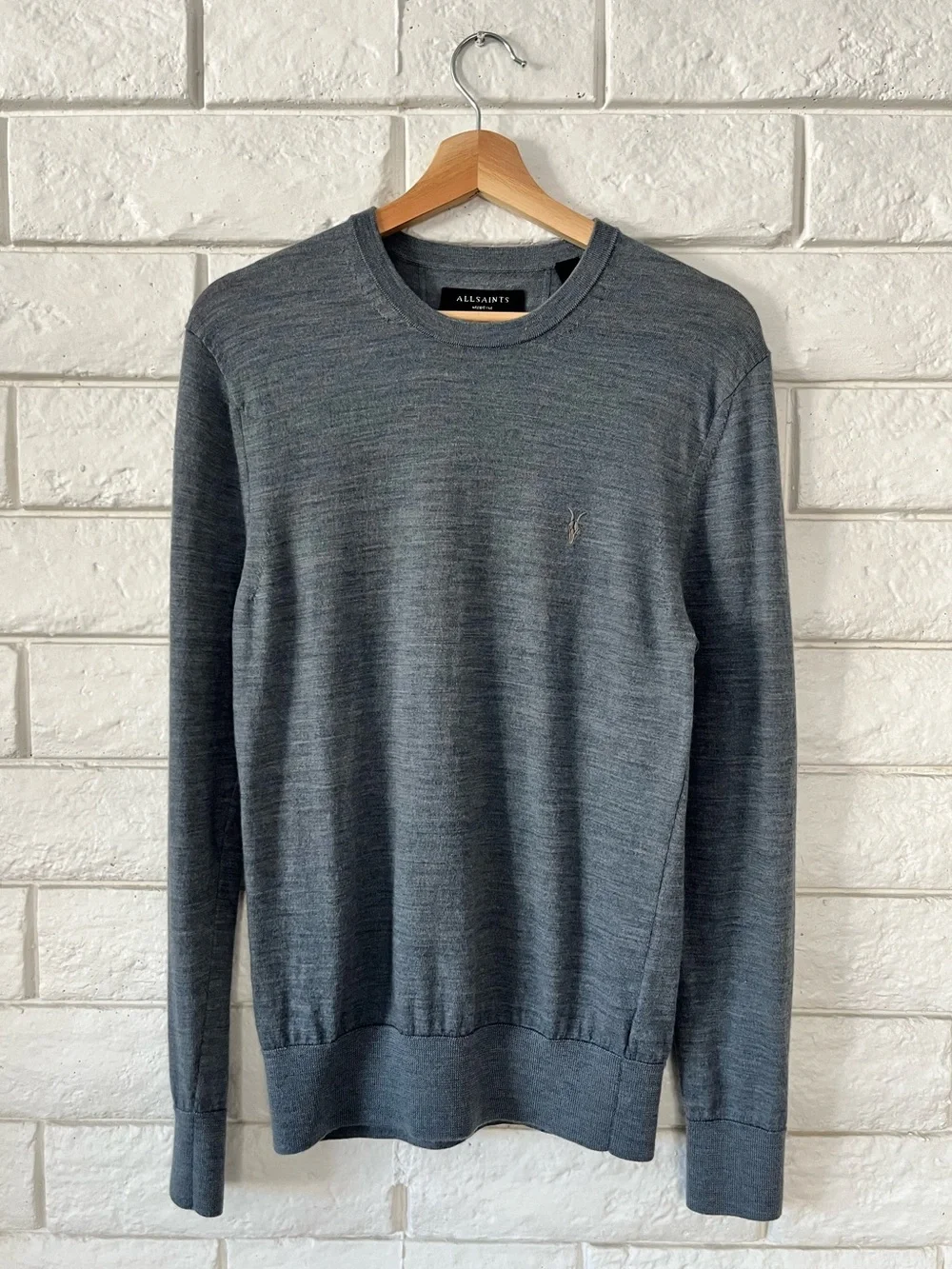 ALLSAINTS Wool Sweater Medium Mode Merino Crew Neck Ramskull Jumper Blue Grey